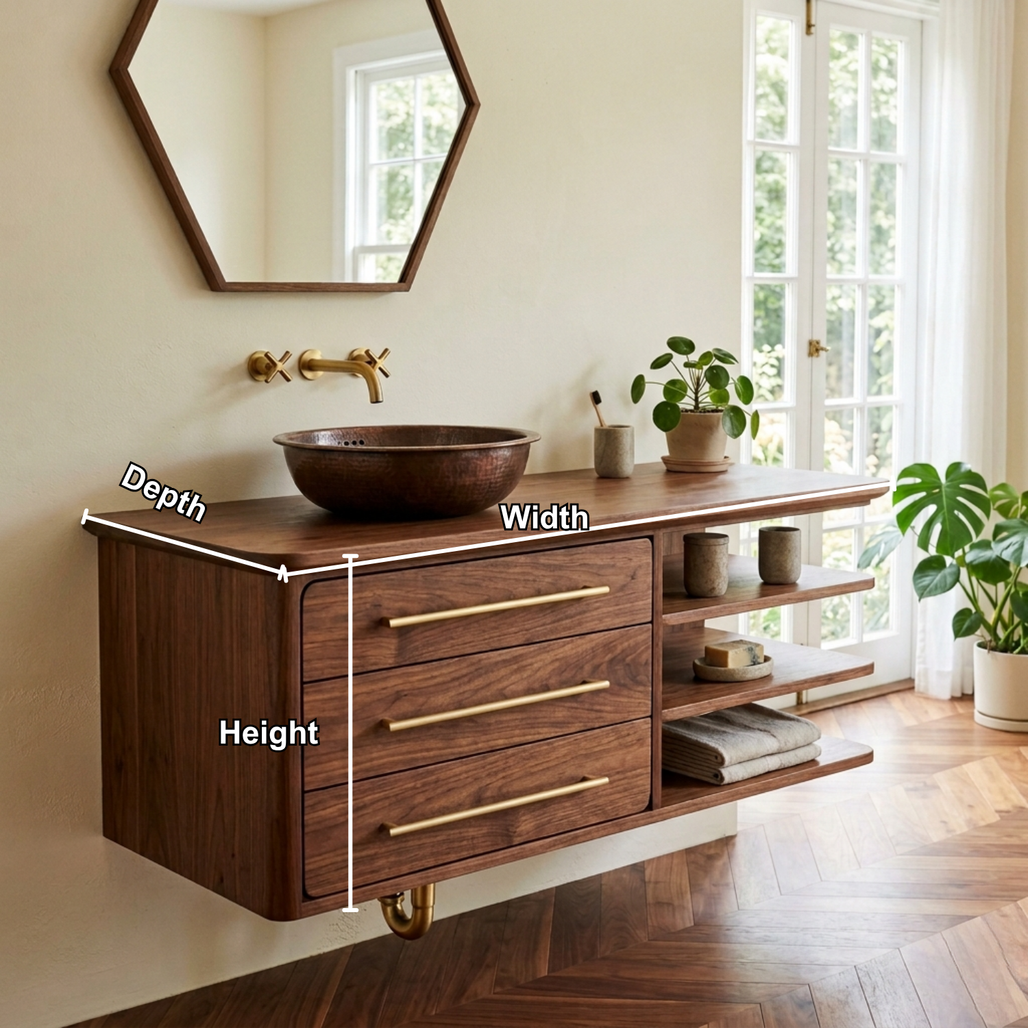 Floating Solid Wood Bathroom Vanity with Three Drawers and Side Open Shelving