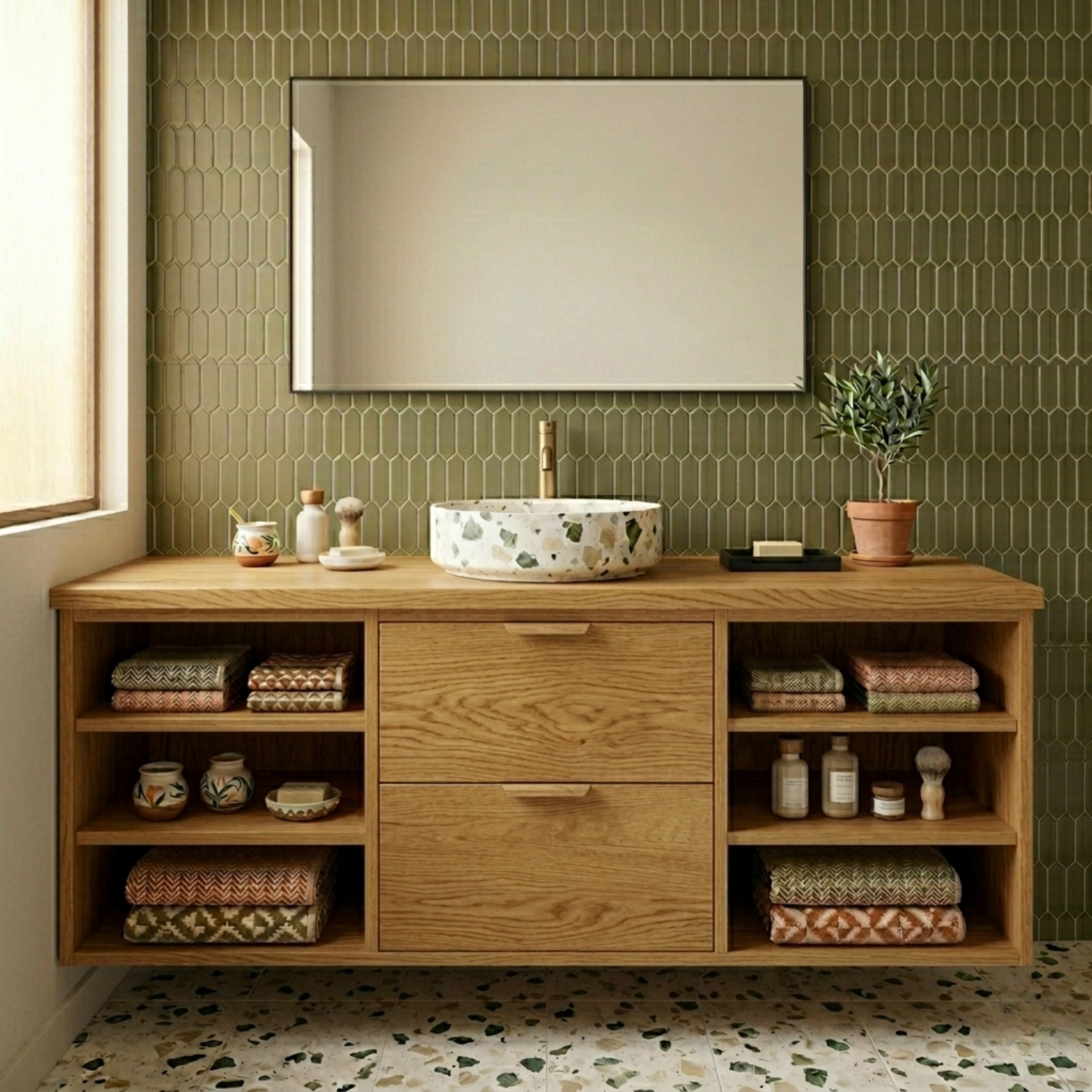 Floating Solid Wood Bathroom Vanity with Open Shelves and Double Drawers