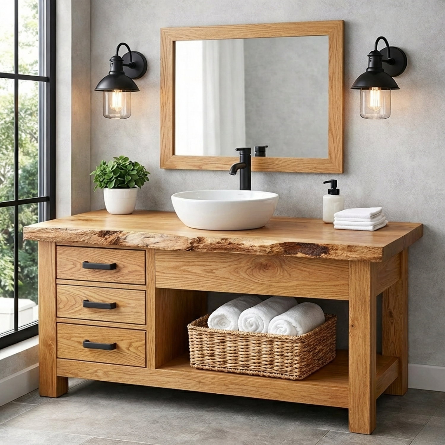 Solid Wood Bathroom Vanity with 3 Drawers and Open Shelf Storage
