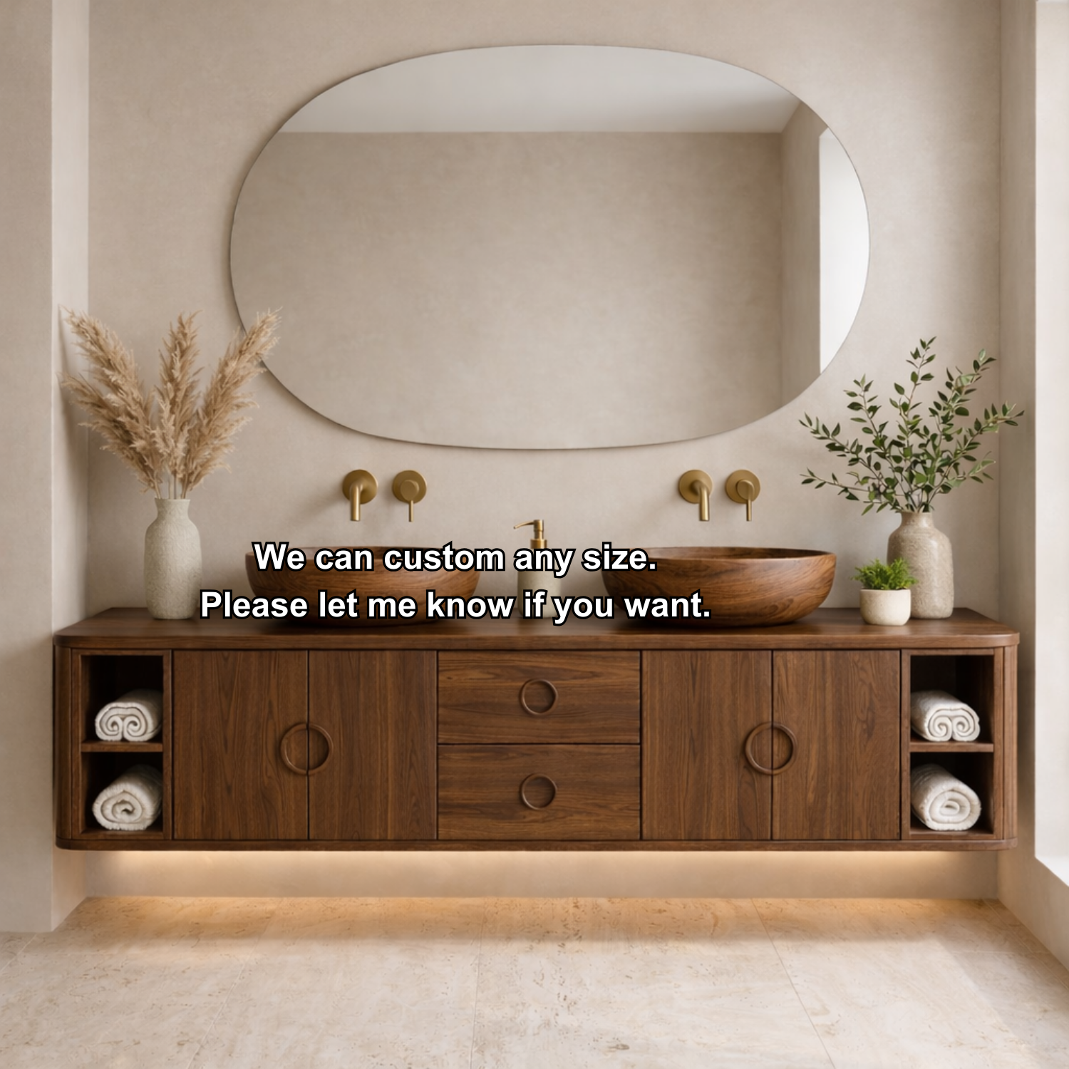 Floating Bathroom Vanity with Circle Handle Cabinets Center Drawers and Open Shelf Storage