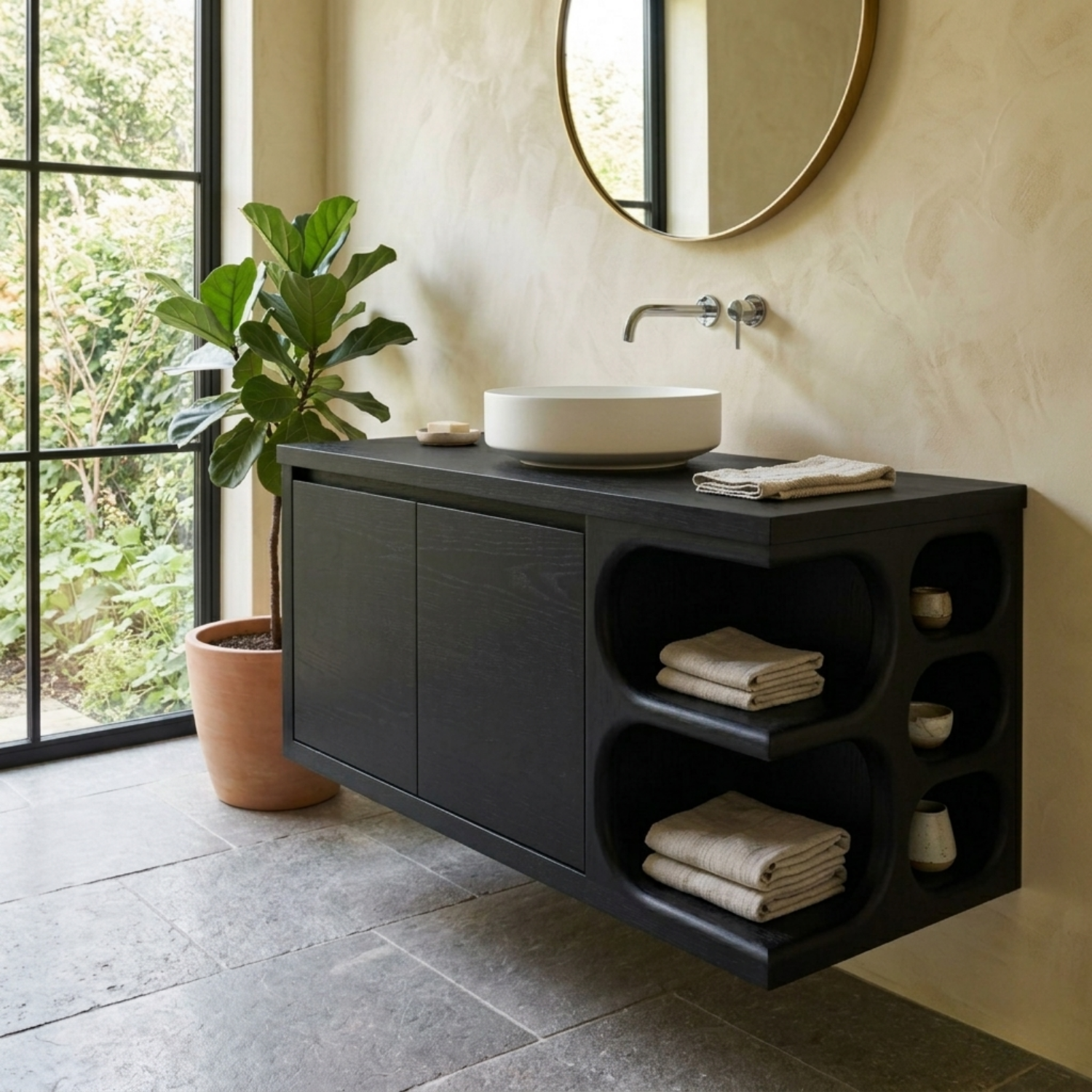Floating Solid Wood Bathroom Vanity with Cabinet Doors and Sculpted Side Storage