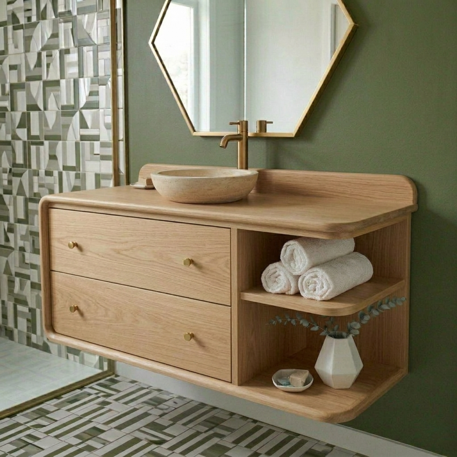Floating Solid Wood Bathroom Vanity with Rounded Edges, Side Open Shelf and Double Drawers
