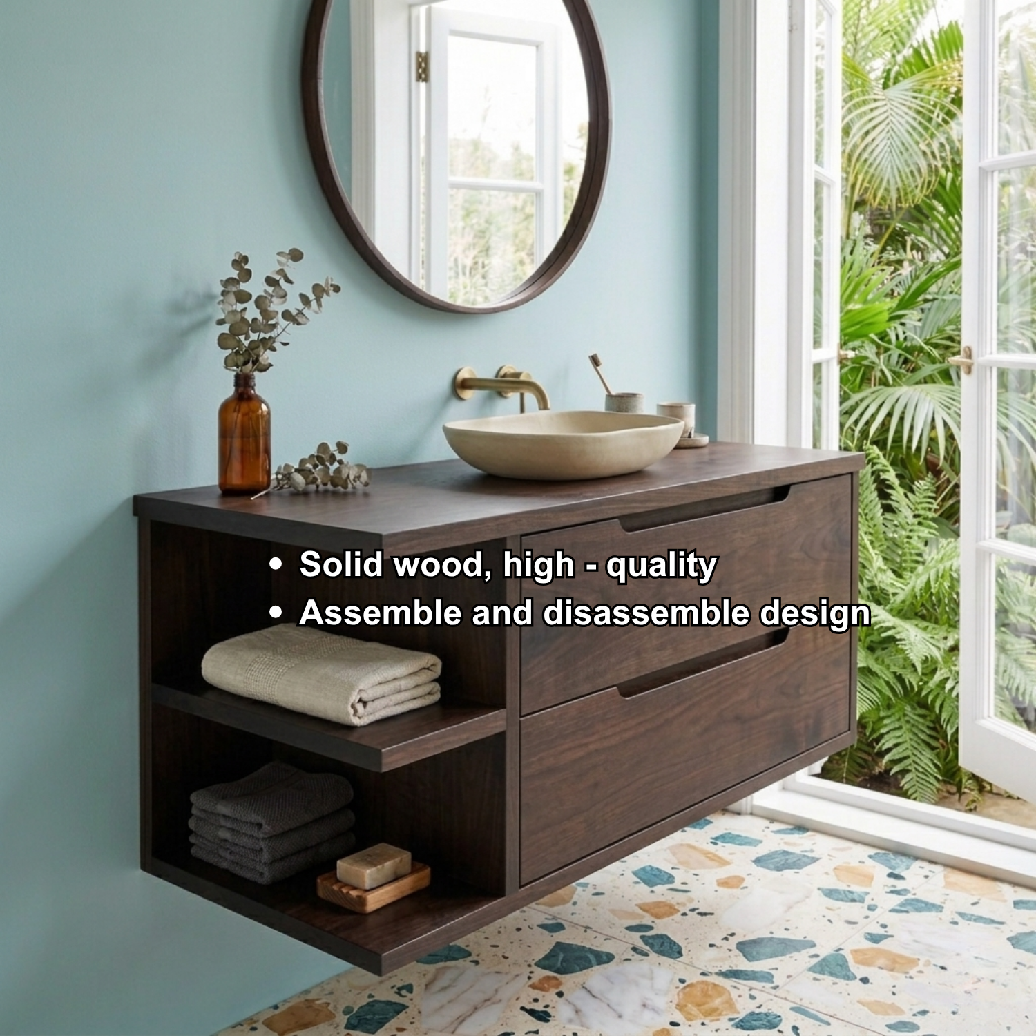 Floating Solid Wood Bathroom Vanity with Side Open Shelves and Double Drawers