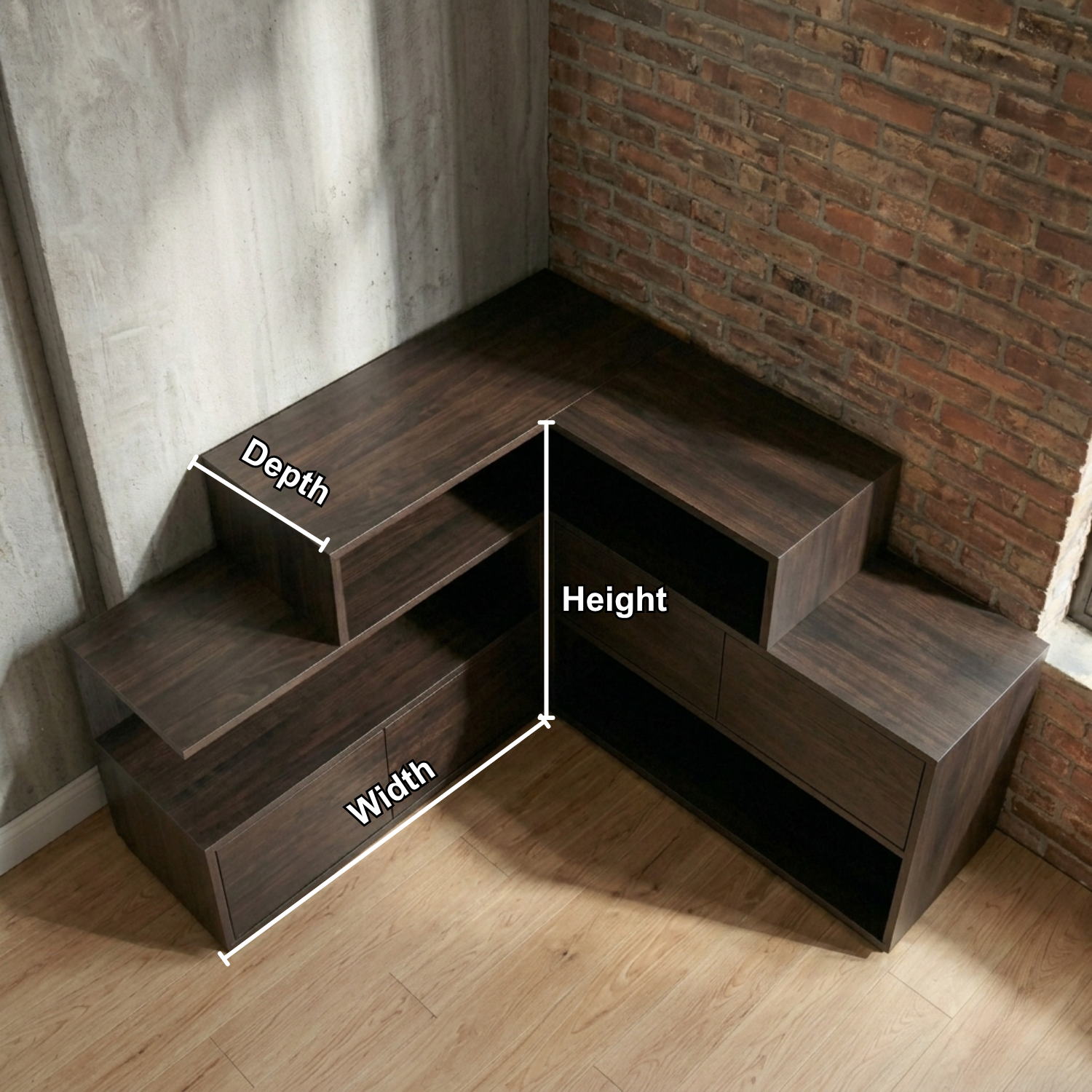 Solid Wood Corner TV Stand with Tiered Shelves and Storage Cabinets