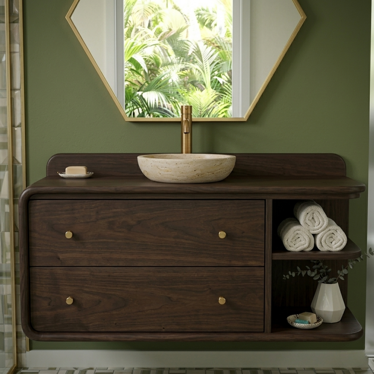 Floating Solid Wood Bathroom Vanity with Rounded Edges, Side Open Shelf and Double Drawers