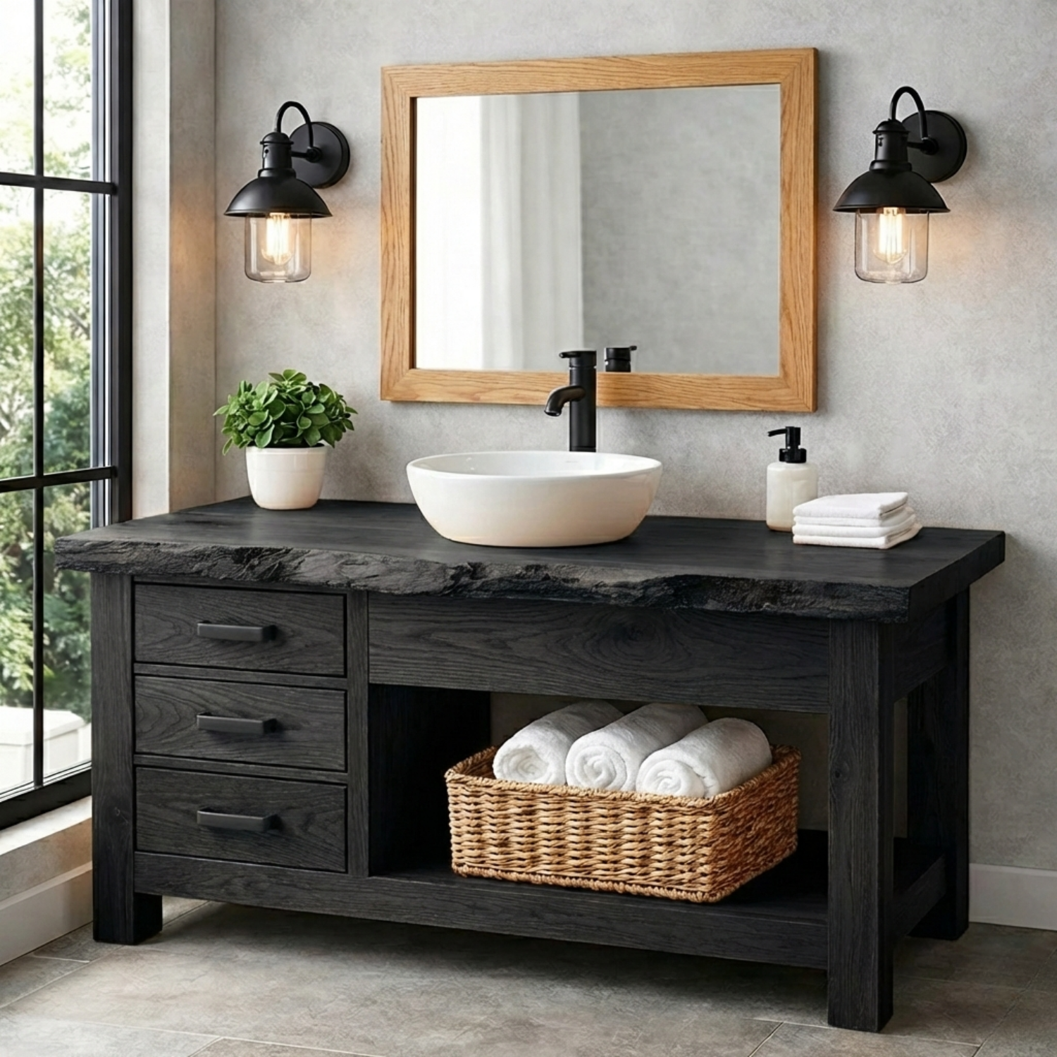 Solid Wood Bathroom Vanity with 3 Drawers and Open Shelf Storage