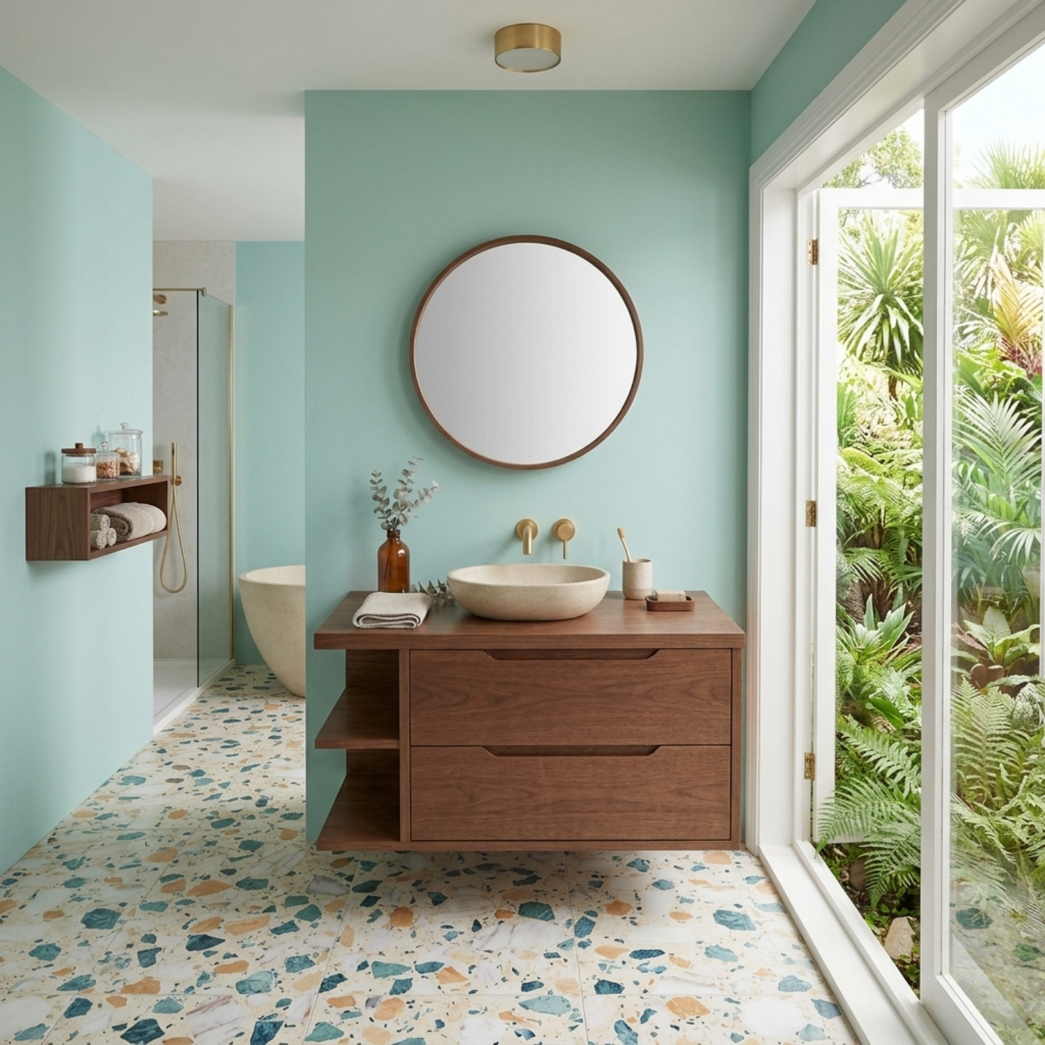 Floating Solid Wood Bathroom Vanity with Side Open Shelves and Double Drawers