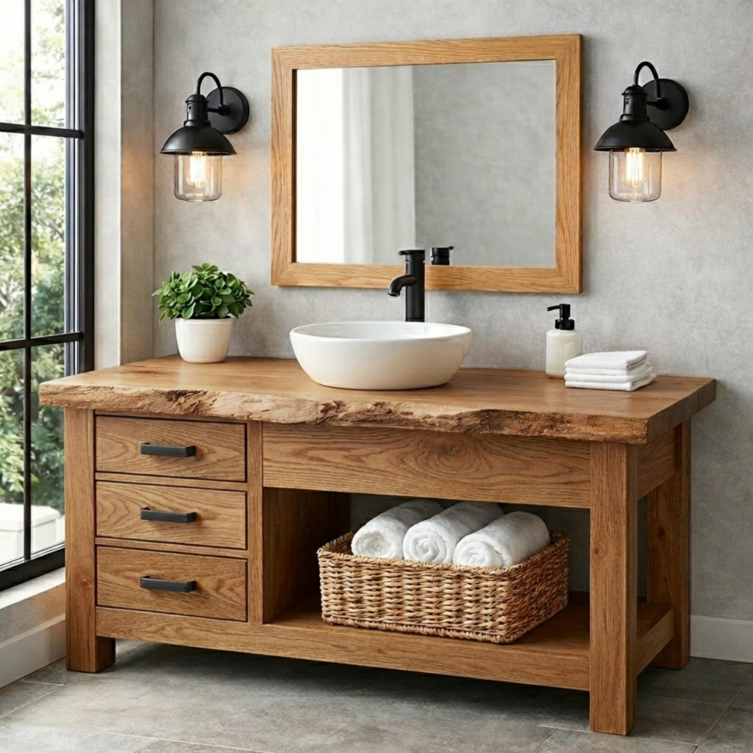Solid Wood Bathroom Vanity with 3 Drawers and Open Shelf Storage