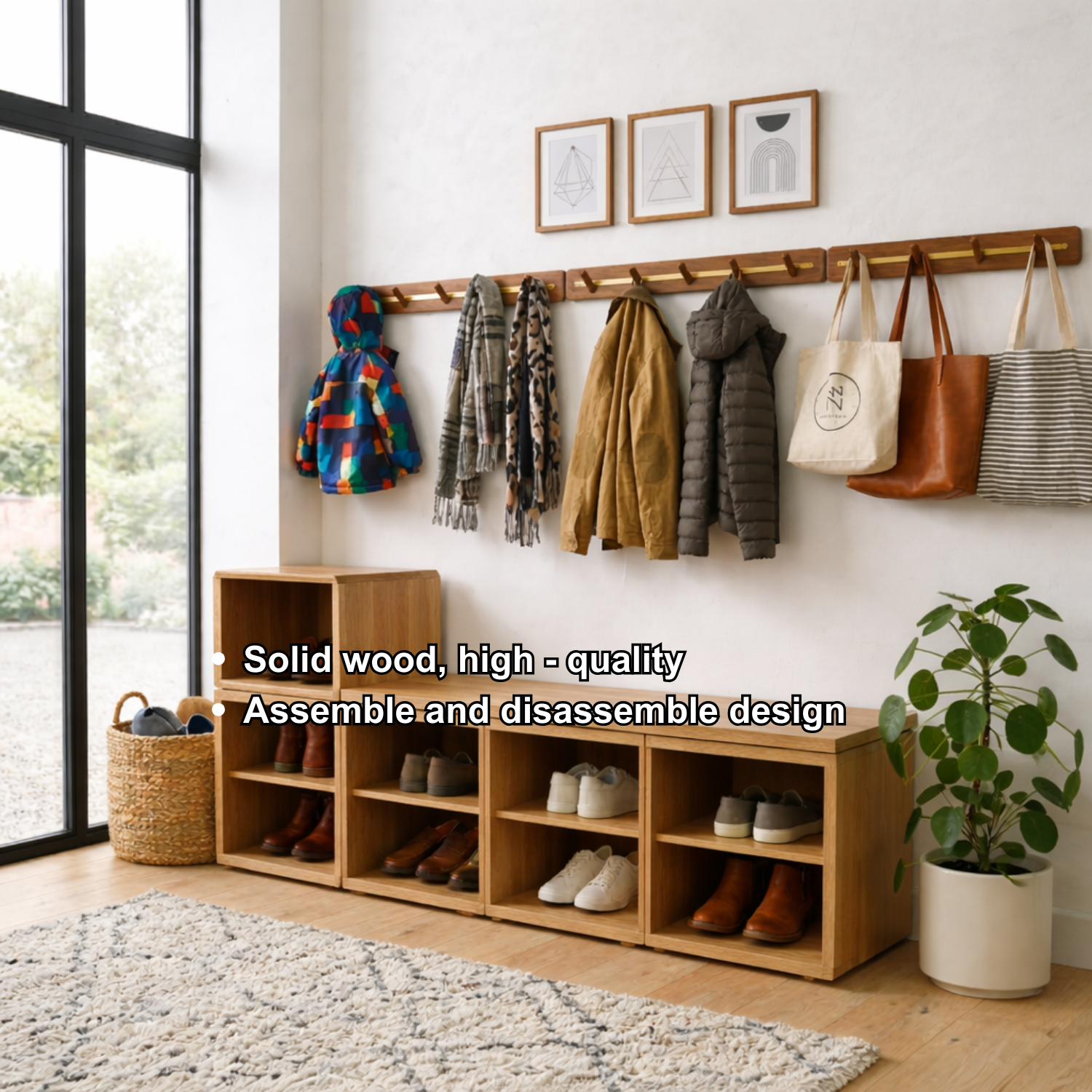 Modular Solid Wood Shoe Storage Bench with Open Cubby Shelves – Entryway Shoe Bench