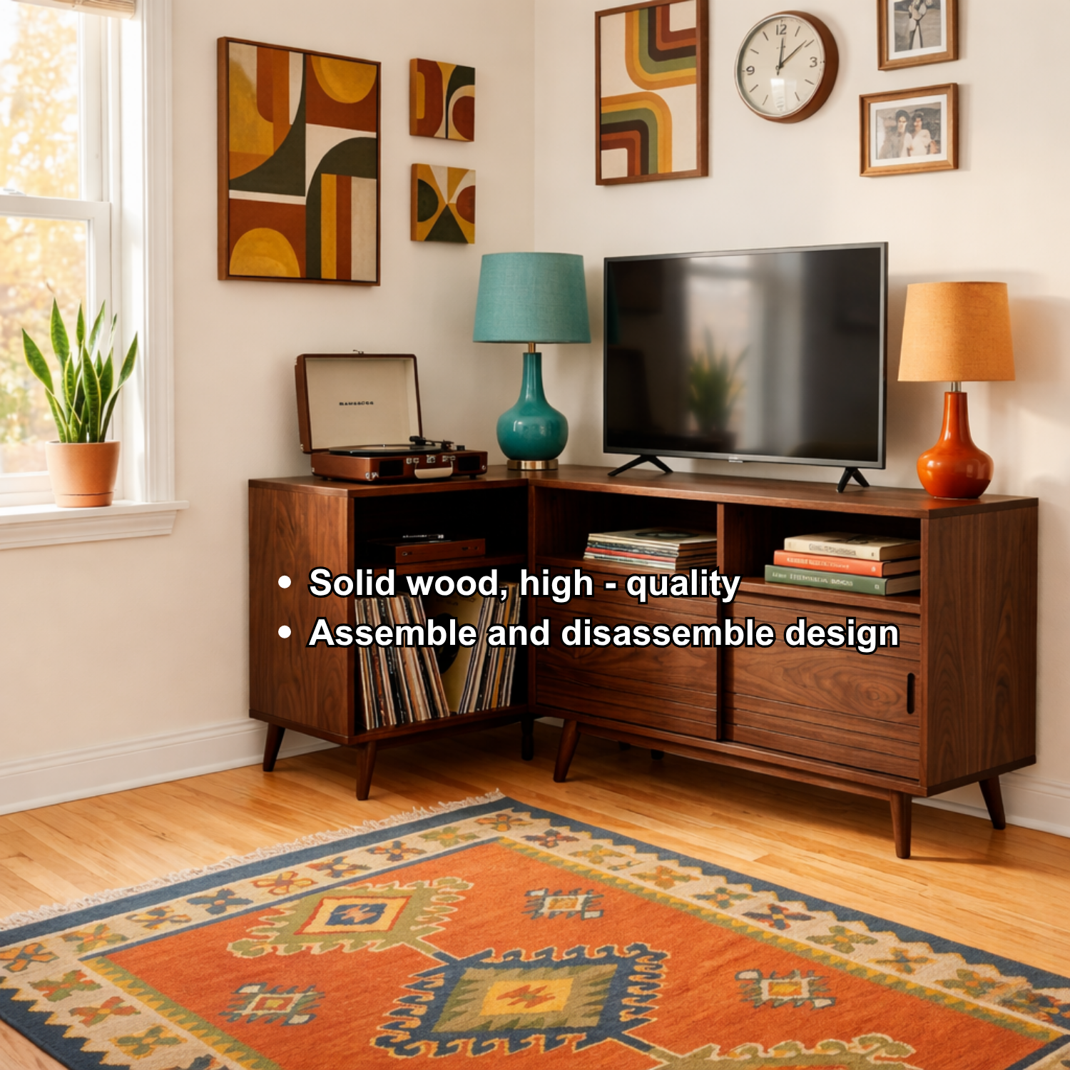 Solid Wood Corner TV Stand with Record Storage, Sliding Door Cabinet and Open Shelves