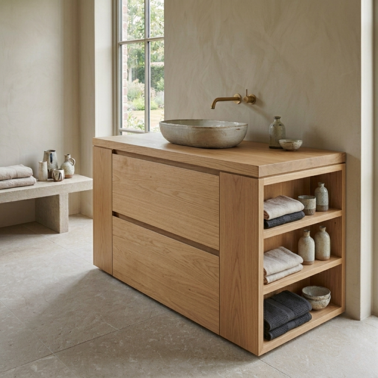 Solid Wood Bathroom Vanity with Double Drawers and Side Open Storage Shelves