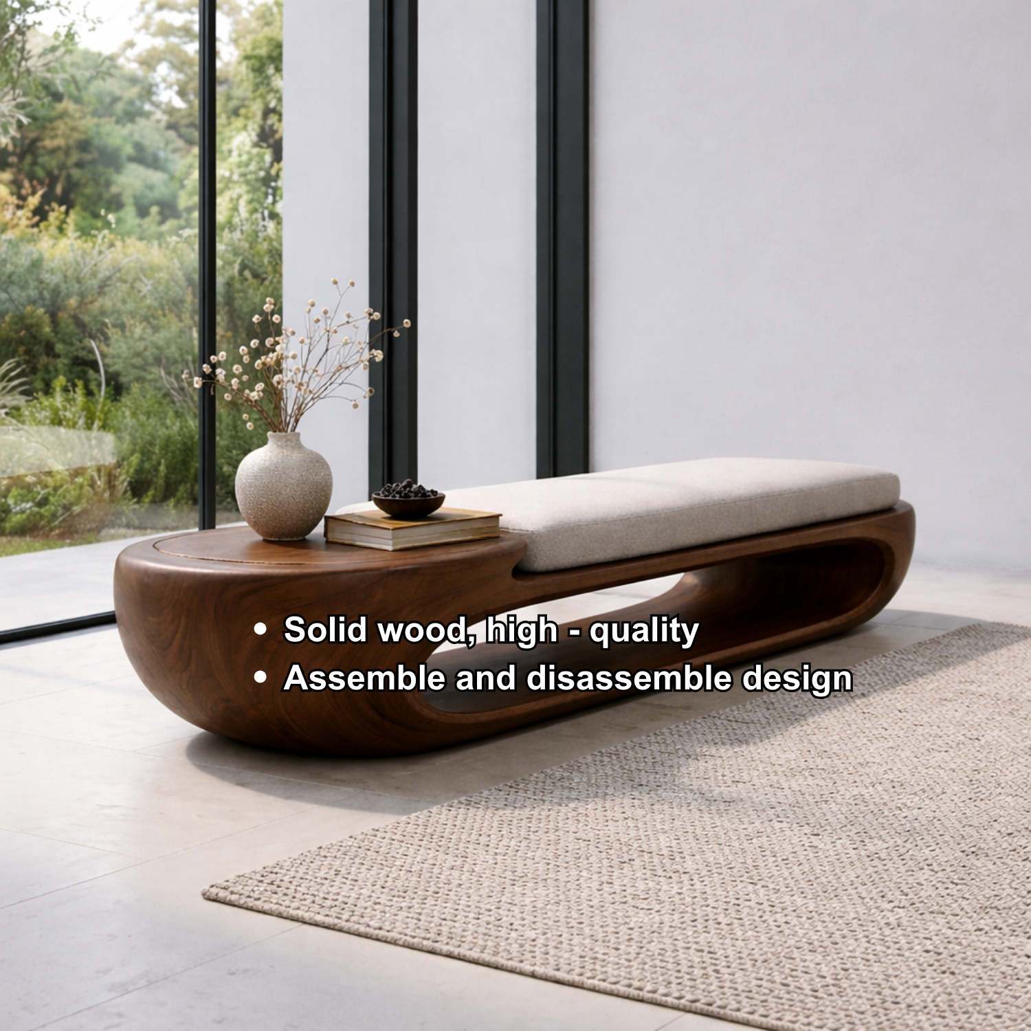 Organic Curved Solid Wood Entryway Bench with Sculptural Open Base Design
