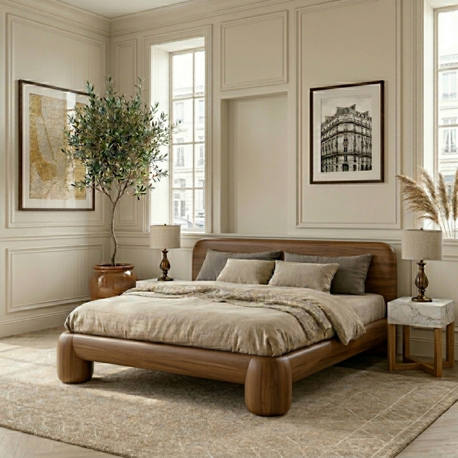 Solid Wood Platform Bed Frame with Rounded Corners and Sculpted Legs