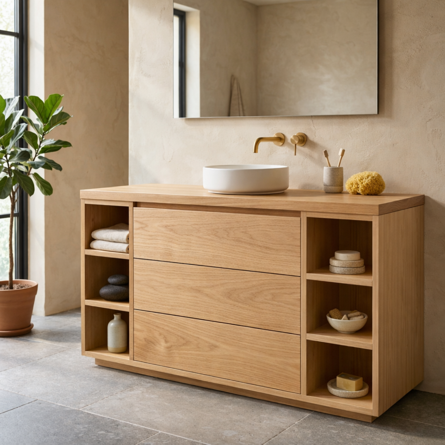 Solid Wood Bathroom Vanity with Three Drawers and Open Side Shelves on Both Sides