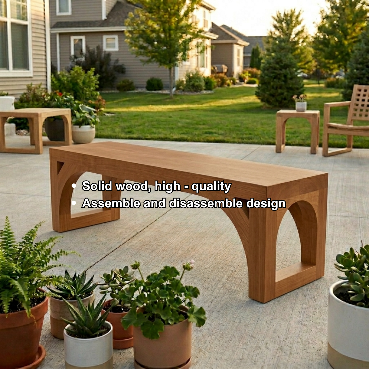 Solid Wood Outdoor Bench with Arched Base and Minimalist Rectangular Design