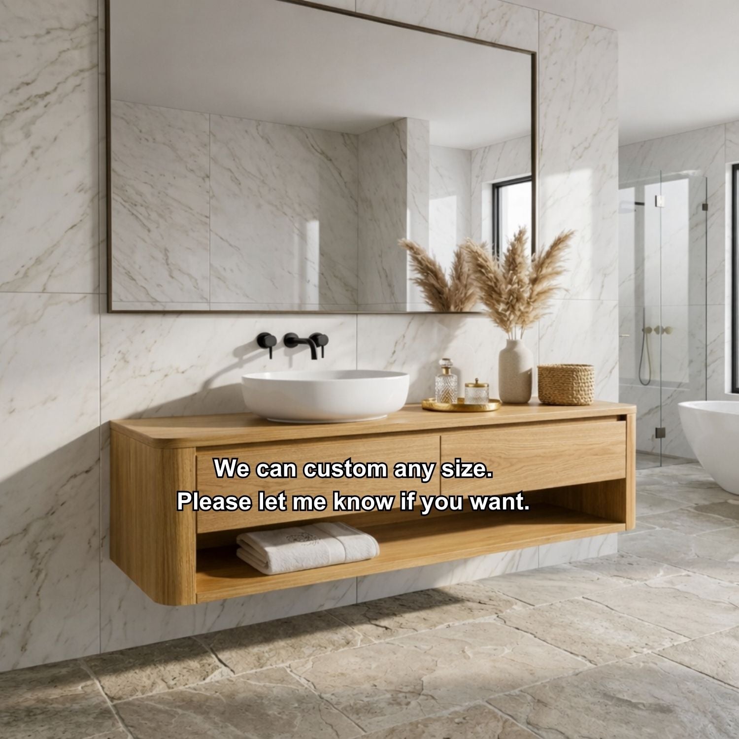 Floating Bathroom Vanity with Two Drawers and Open Shelf Storage Design