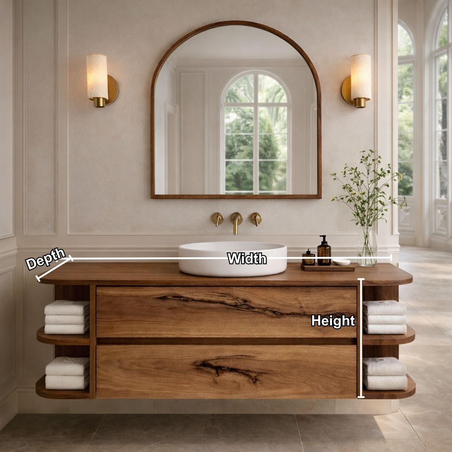 Floating Bathroom Vanity with Curved Open Shelves – Handcrafted Solid Wood Design
