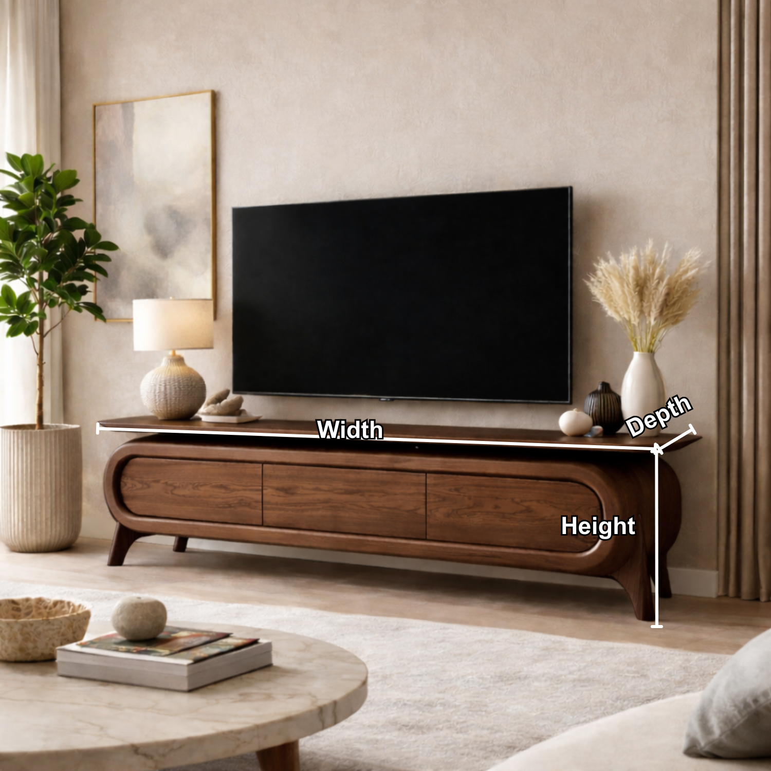 Solid Wood TV Stand with Rounded Frame Design and Three Drawer Media Storage