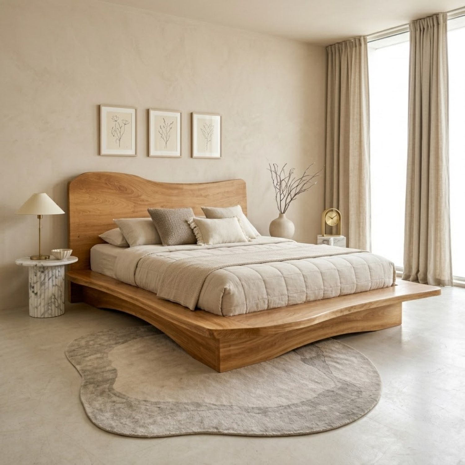 Solid Wood Platform Bed Frame with Sculpted Wave Headboard and Floating Base