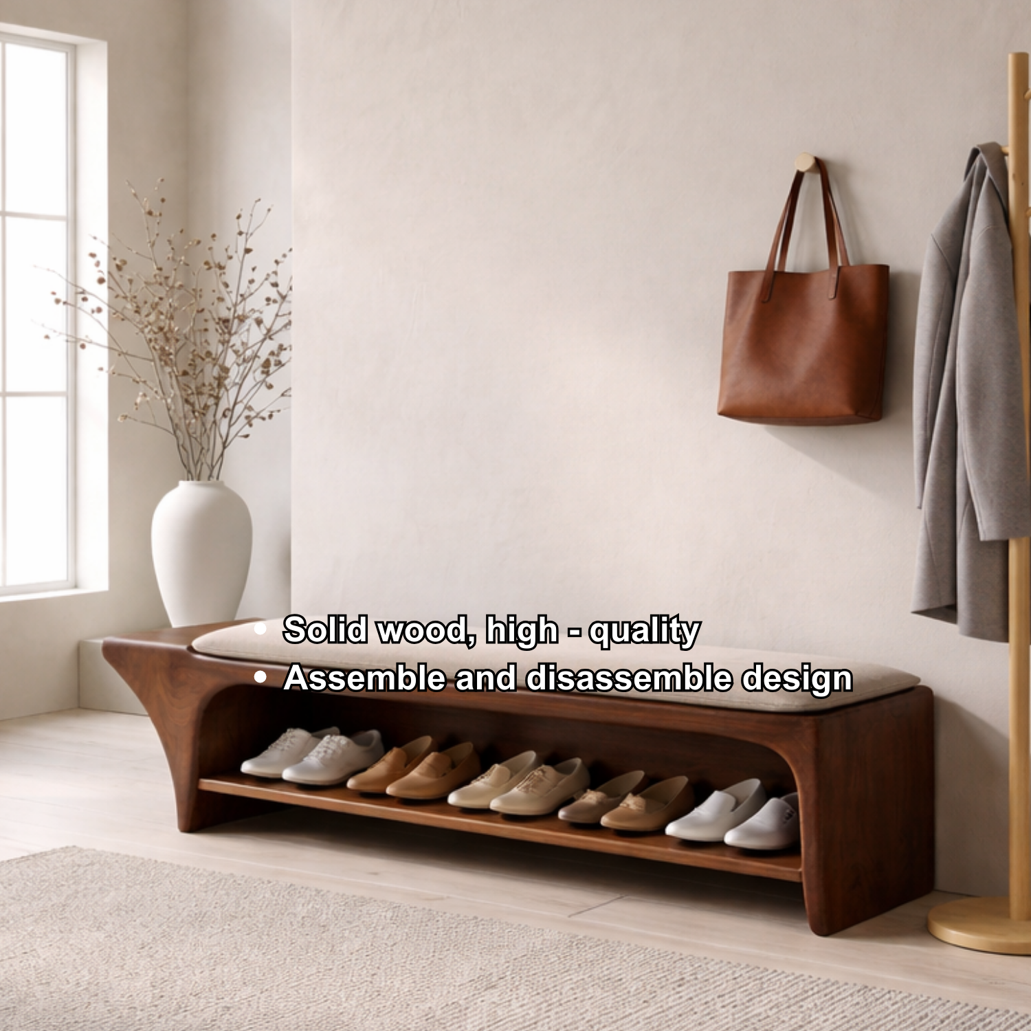 Curved Solid Wood Shoe Storage Bench with Open Shelf – Minimalist Entryway Bench