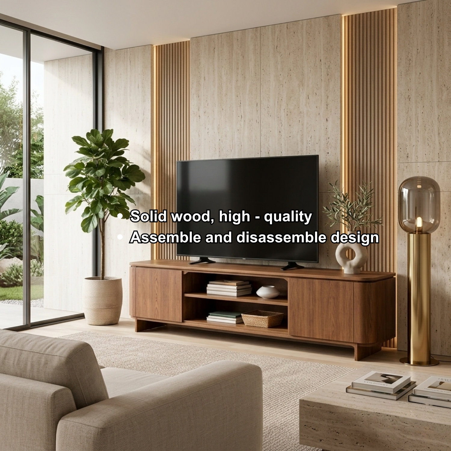Modern Solid Wood TV Stand with Cabinets and Open Shelf – Low Profile Media Console