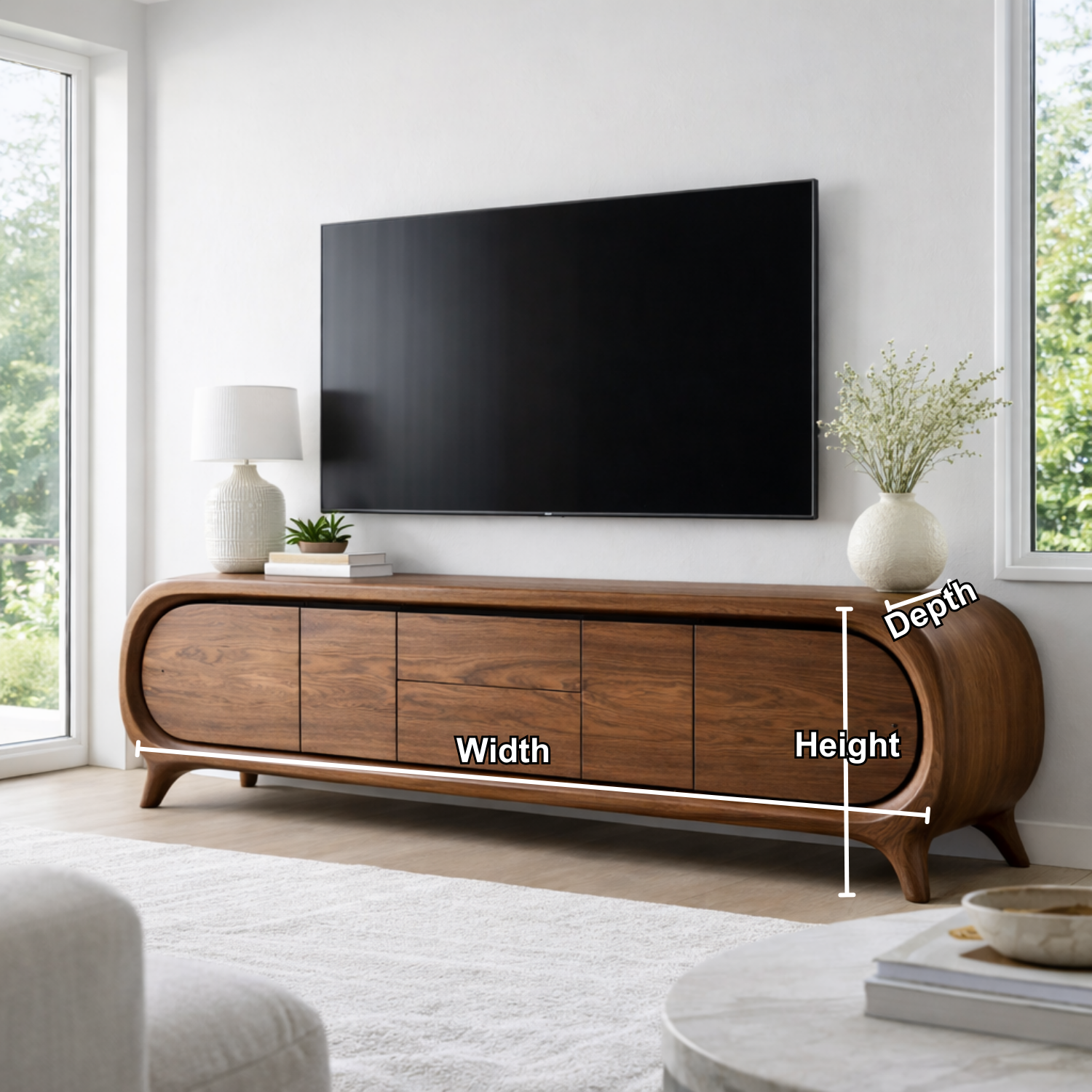 Solid Wood TV Stand with Rounded Edge Frame and Multi Door Media Storage Cabinet
