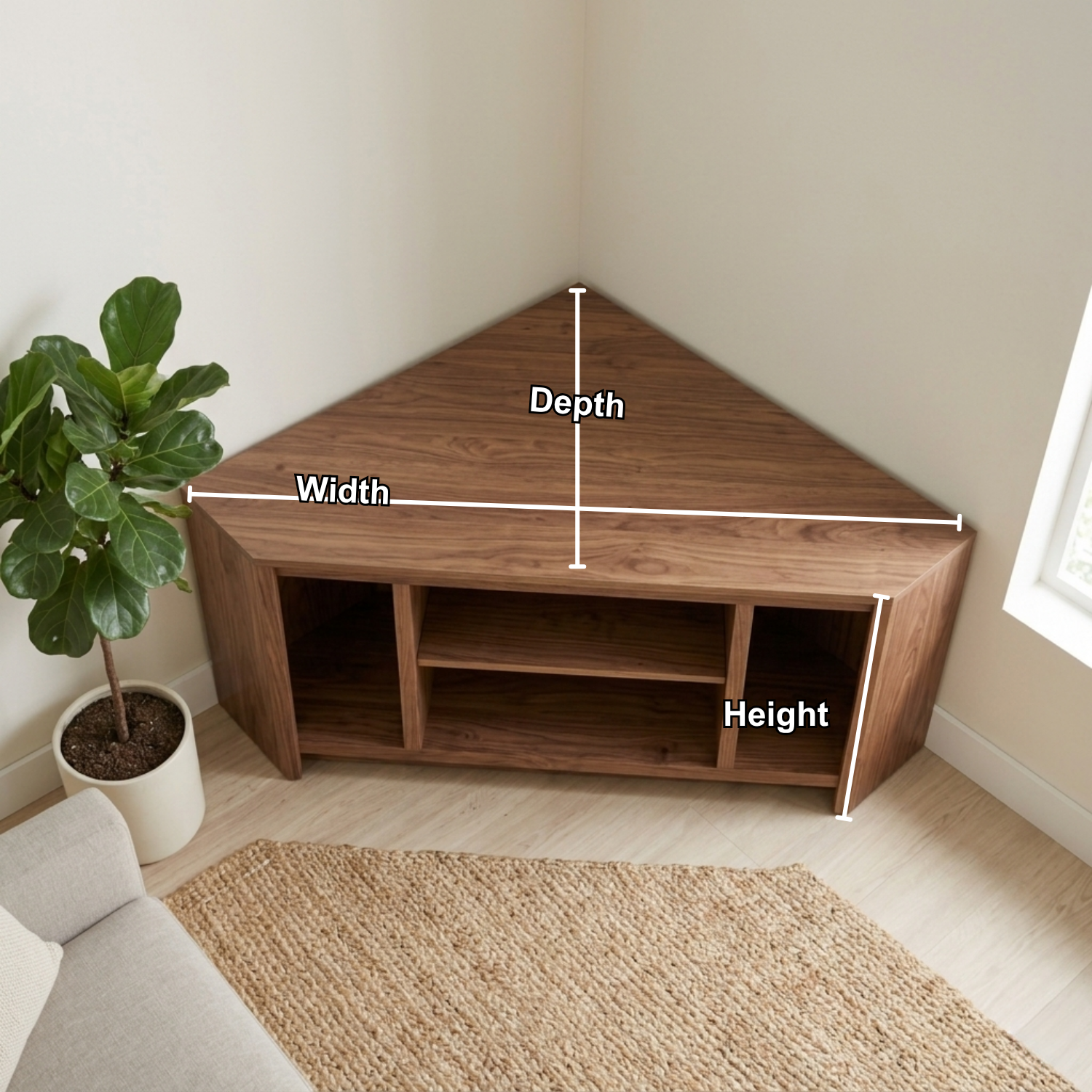 Solid Wood Corner TV Stand with Open Compartments – Modern Corner Media Console