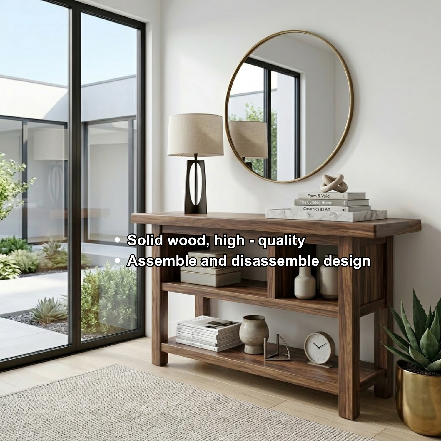 Solid Wood Console Table with Open Shelves – Modern Minimalist Entryway Display Table