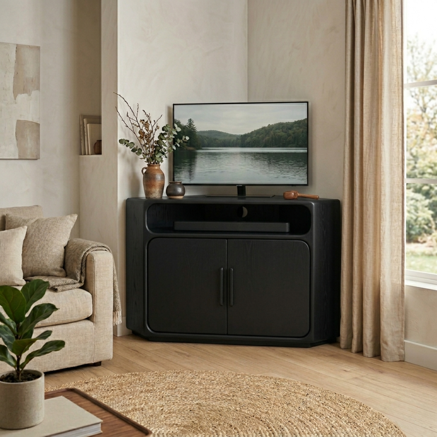 Solid Wood Corner TV Stand with Rounded Edges and Cabinet Storage – Corner Media Console