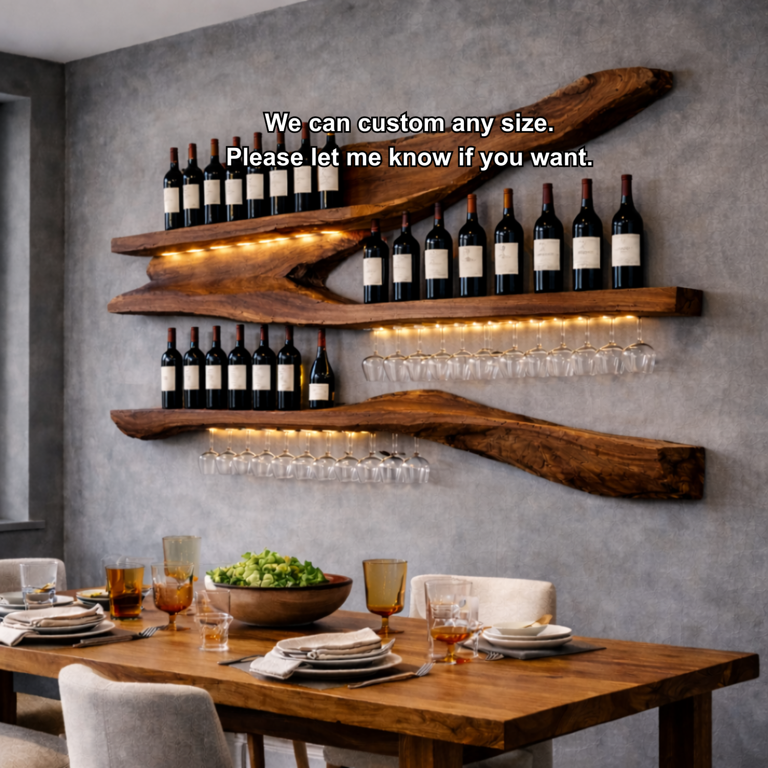Solid Wood Live Edge Wall Wine Rack with Floating Shelves and Hanging Glass Holder