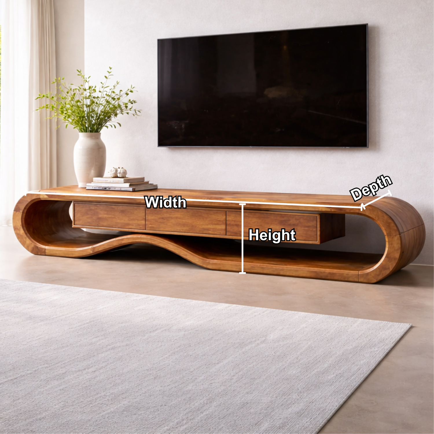 Solid Wood TV Stand with Curved Design and Ample Storage