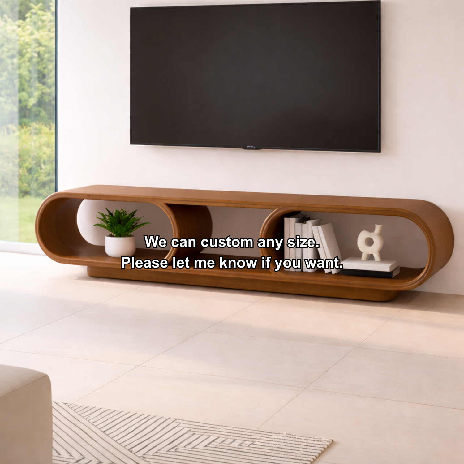 Contemporary Solid Wood TV Stand with Oval Open Storage and Stylish Design