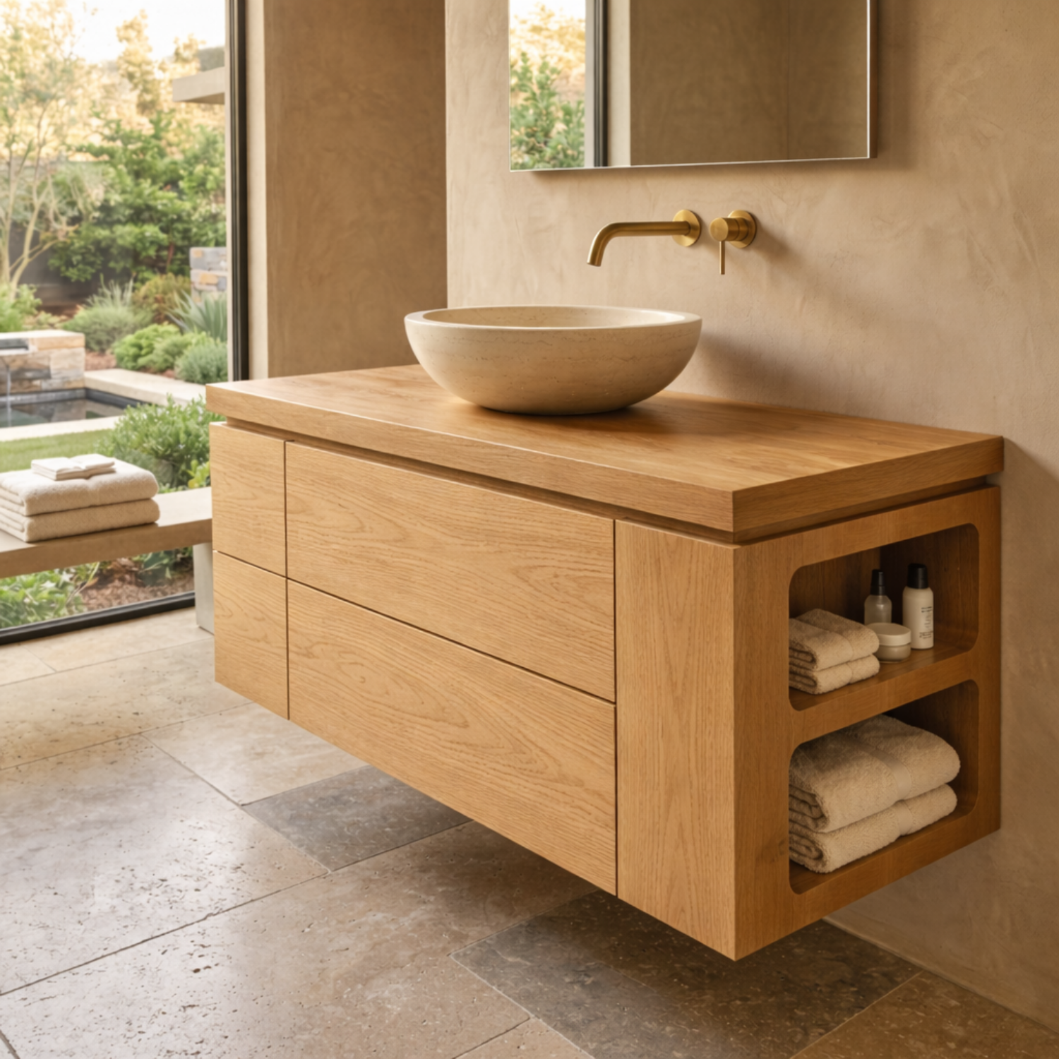 Floating Solid Wood Bathroom Vanity with Double Drawers and Integrated Side Open Shelves