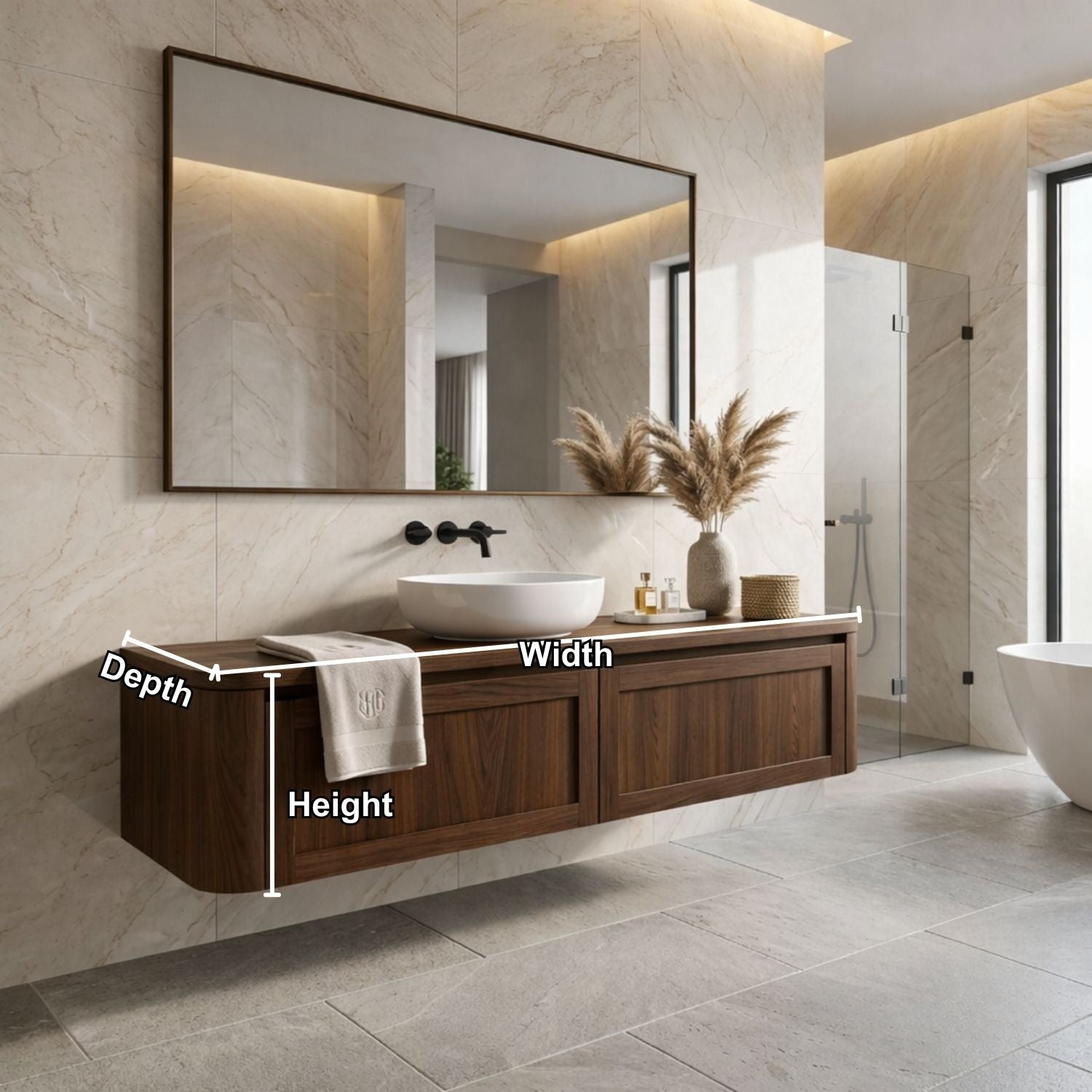 Floating Bathroom Vanity with Framed Panel Doors and Rounded Side Design