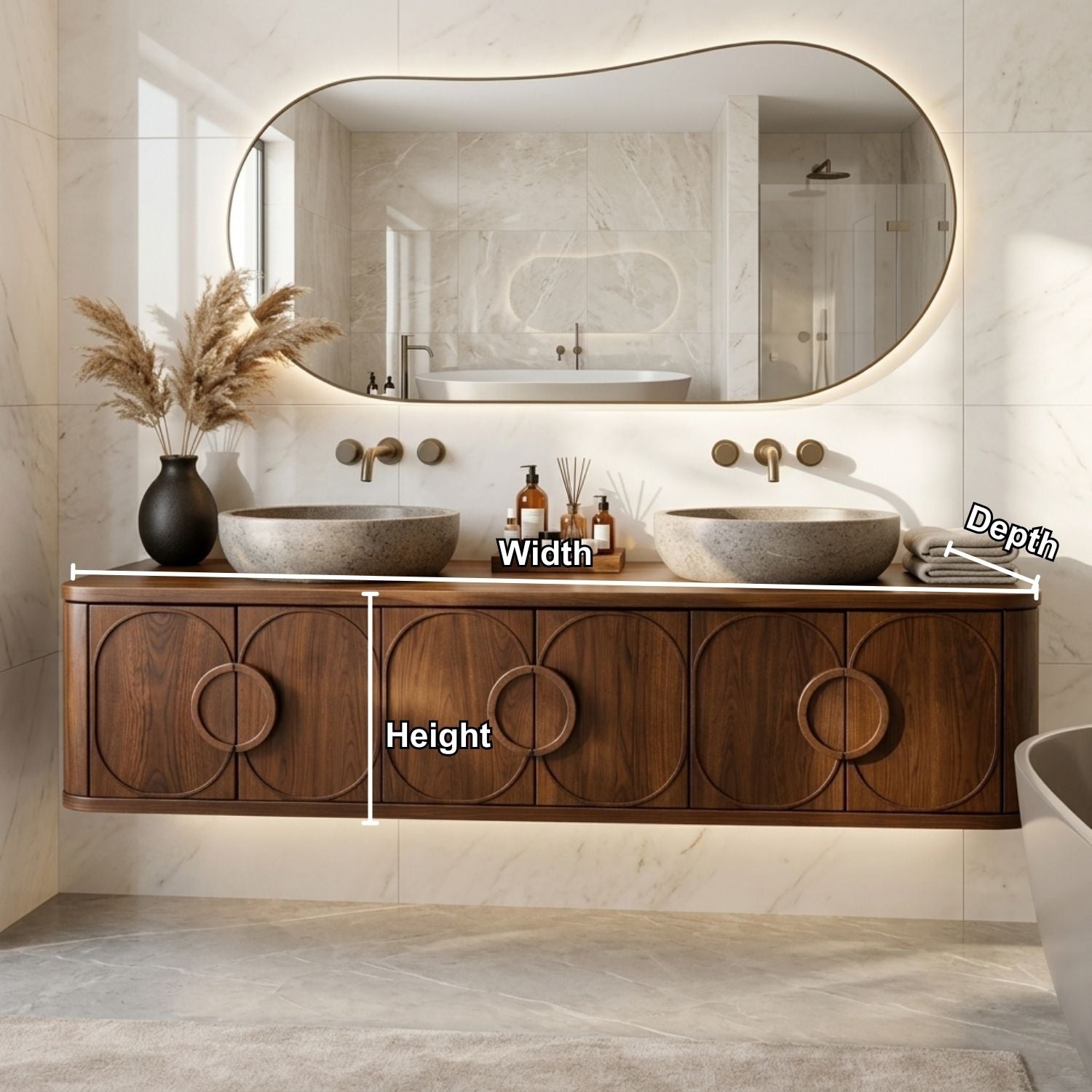 Floating Bathroom Vanity with Circular Carved Doors and Sculptural Ring Handles