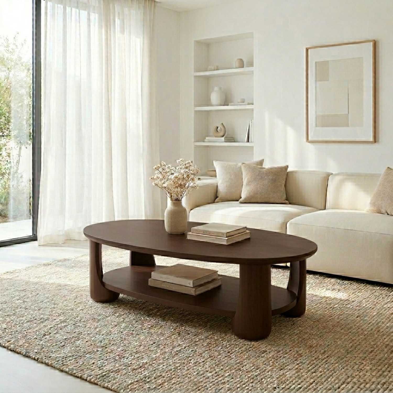 Solid Wood Oval Coffee Table with Shelf – Modern Minimalist Living Room Table