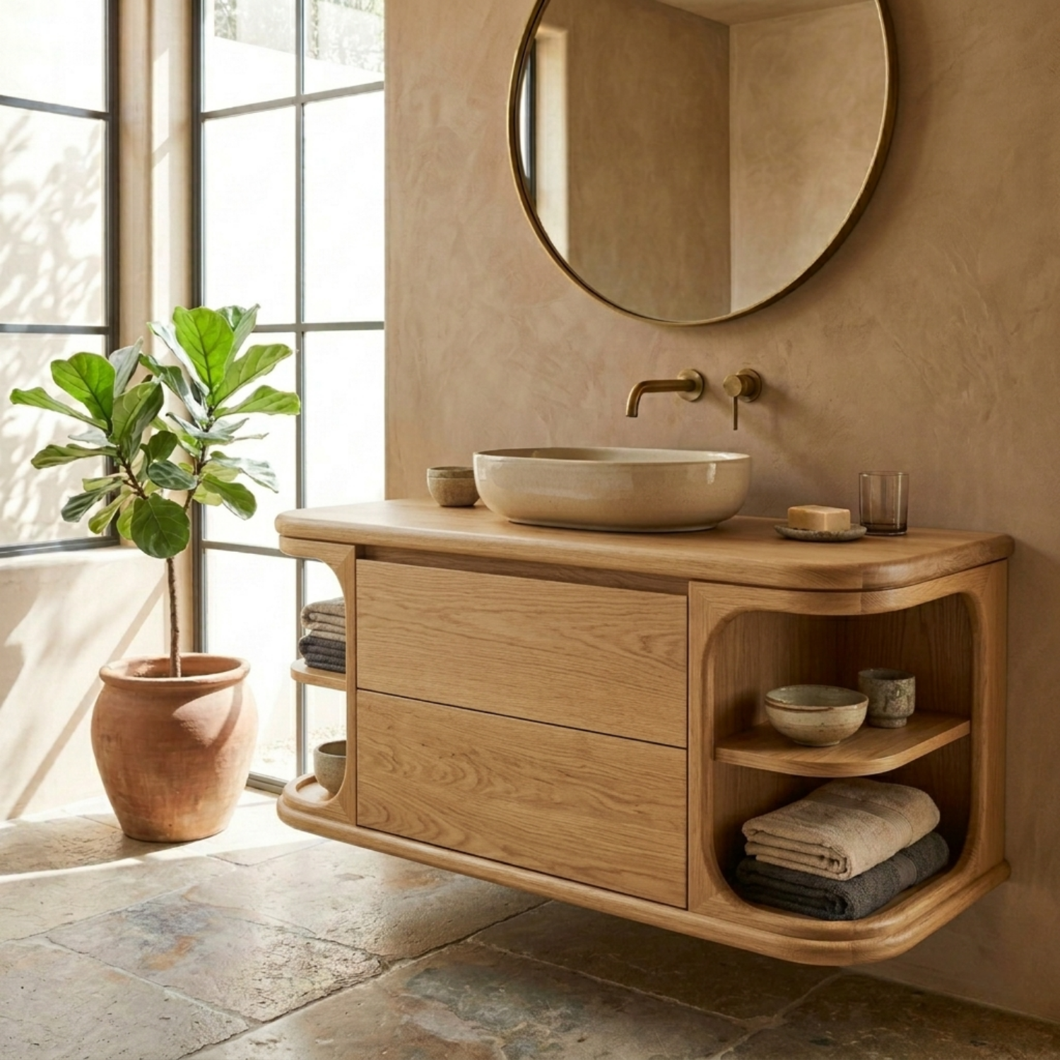 Floating Solid Wood Bathroom Vanity with Drawer Storage and Rounded Side Shelves