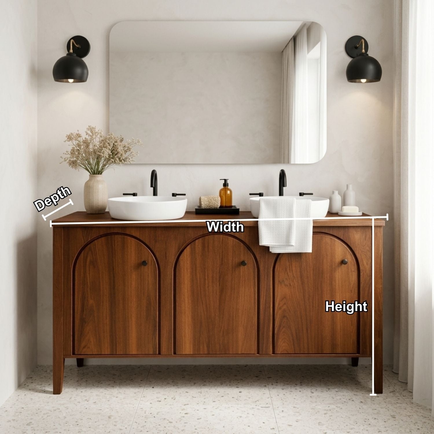 Handcrafted Triple Arch Double Vanity - Solid Wood Freestanding Modern Bathroom Cabinet