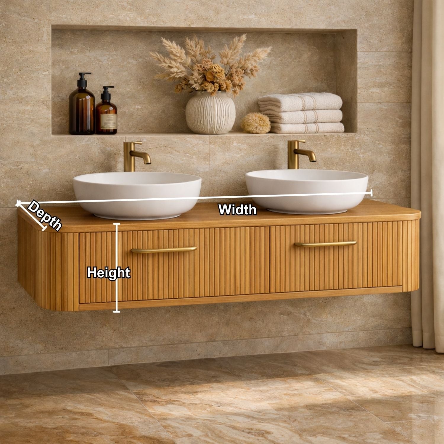 Modern Floating Bathroom Vanity with Storage – Handcrafted Wooden Design with Fluted Drawers