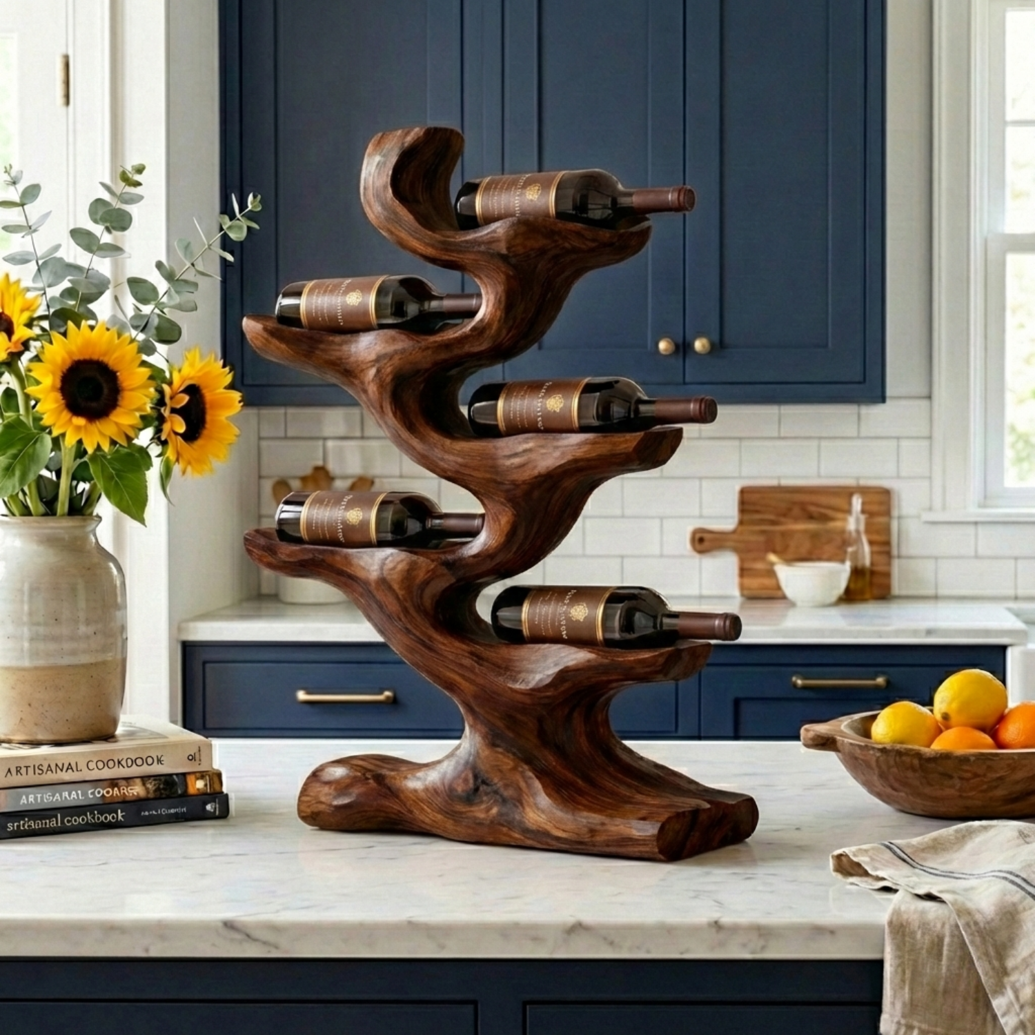 Handcrafted Solid Wood Wine Holder – Sculptural Tree Countertop Wine Rack