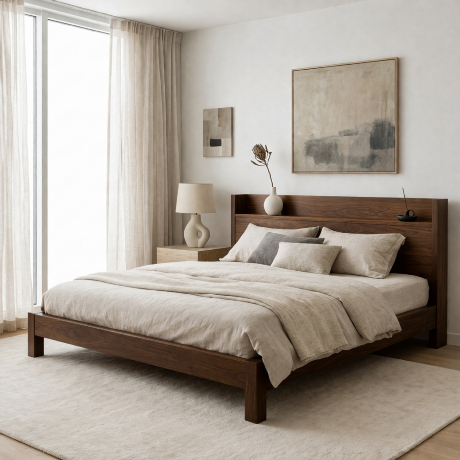 Scandinavian Style Solid Wood Platform Bed Frame with Minimalist Headboard Shelf