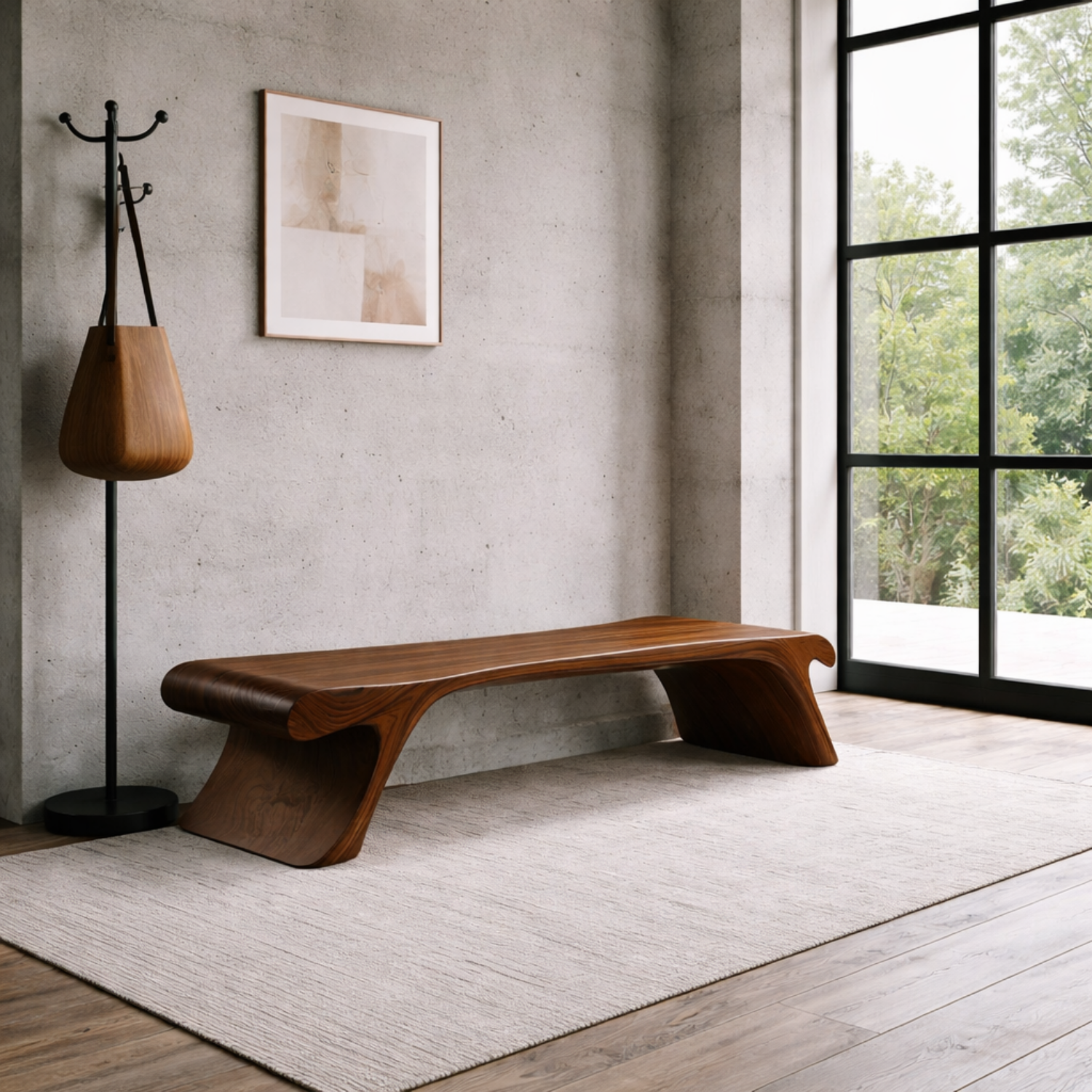Solid Wood Entryway Bench Low Profile Sculptural Design Modern Minimalist Seating