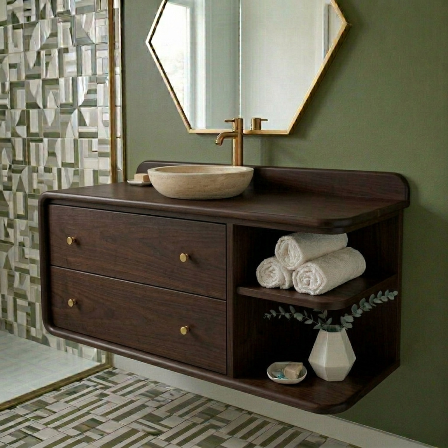 Floating Solid Wood Bathroom Vanity with Rounded Edges, Side Open Shelf and Double Drawers