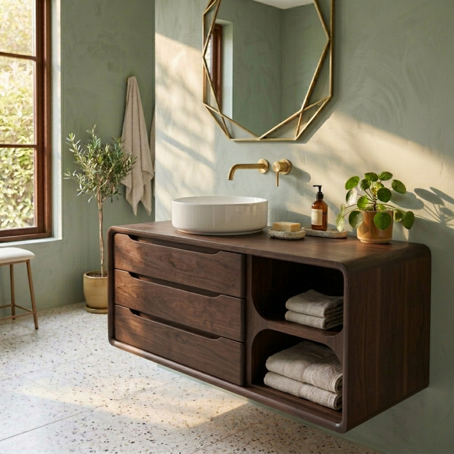 Floating Solid Wood Bathroom Vanity with Rounded Frame, Three Drawers and Side Open Shelf