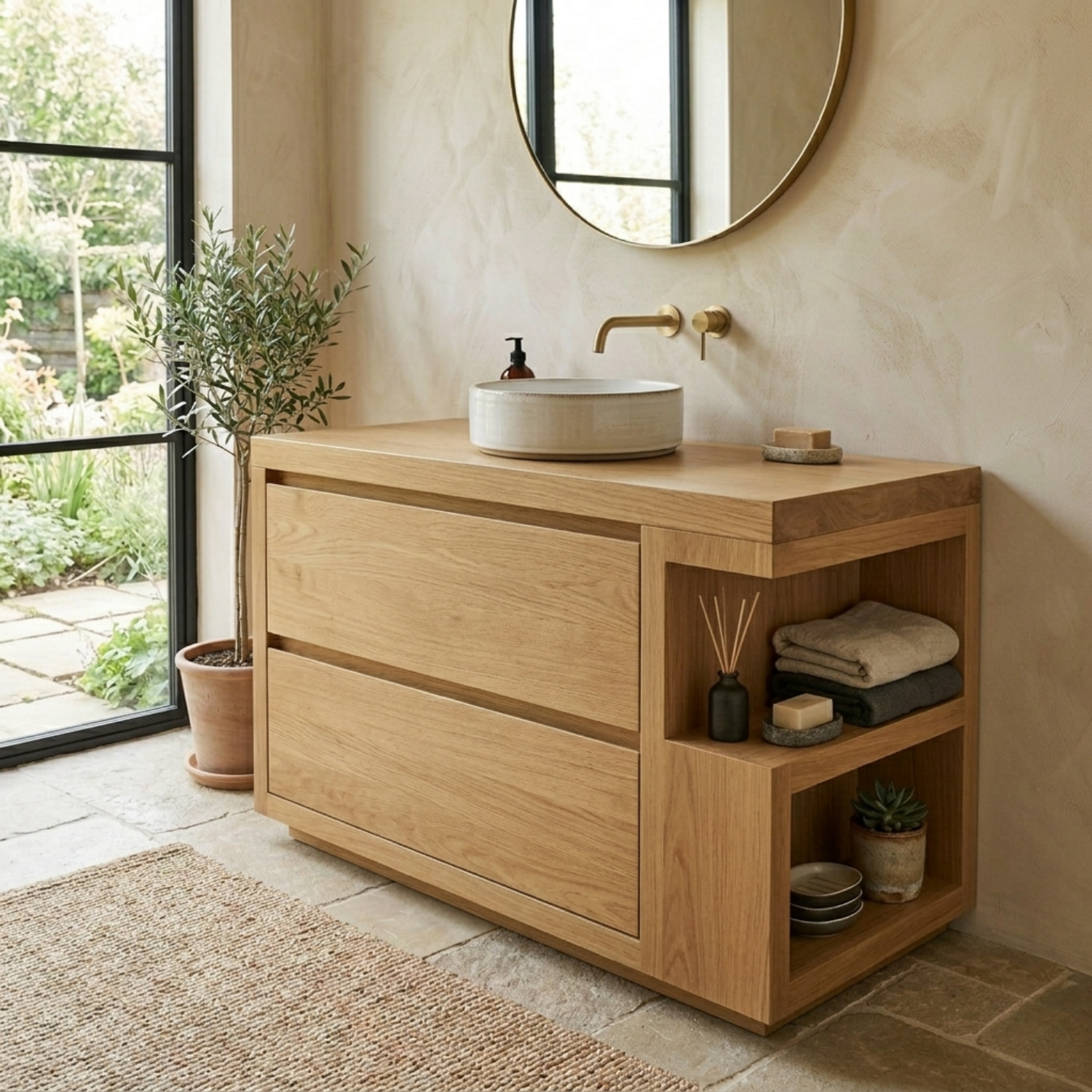 Solid Wood Bathroom Vanity with Two Drawers and Side Open Shelves
