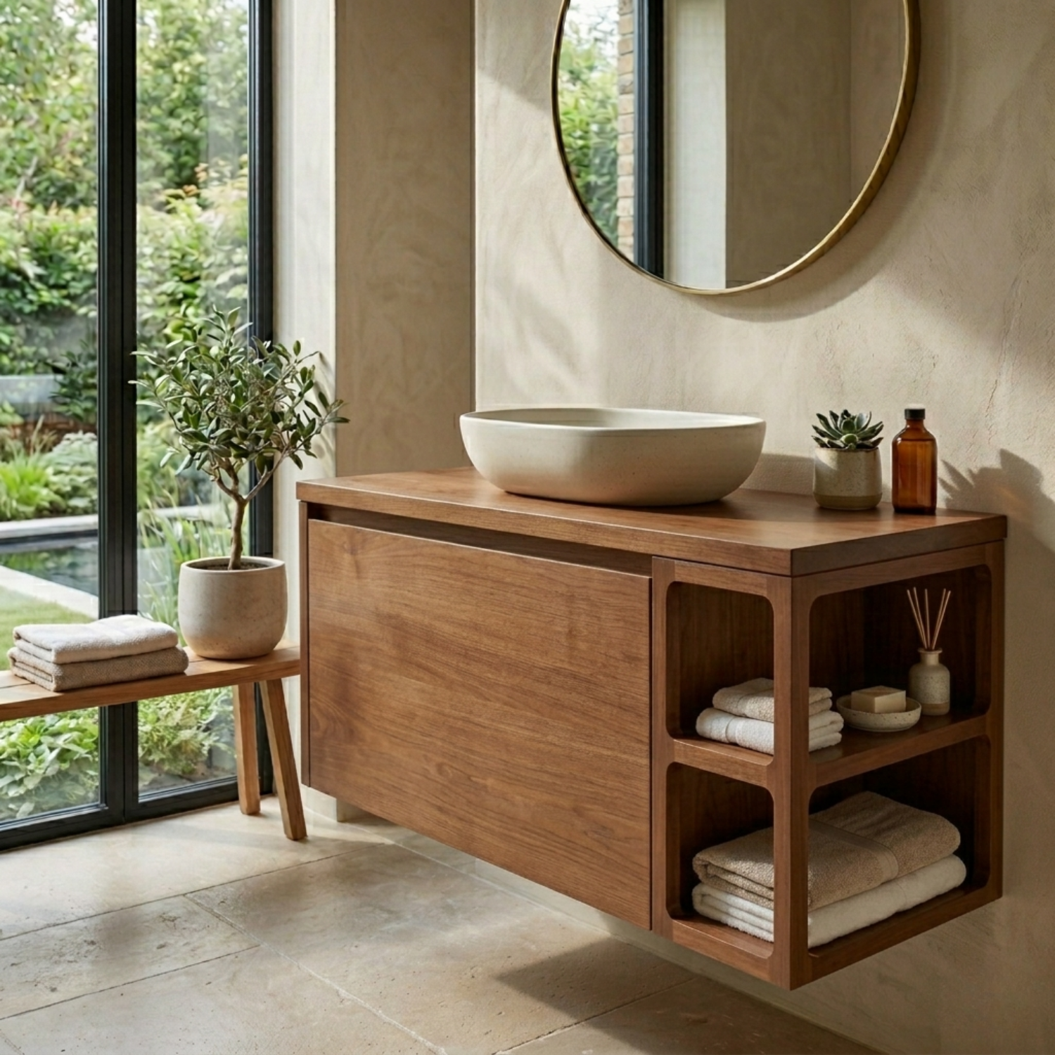 Floating Solid Wood Bathroom Vanity with Cabinet Storage and Sculpted Side Shelves