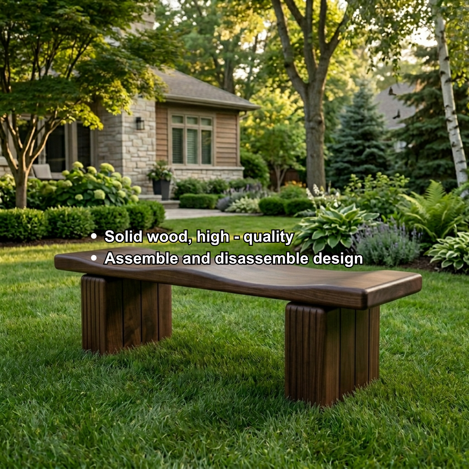 Solid Wood Outdoor Bench with Sculpted Wave Seat and Fluted Block Legs