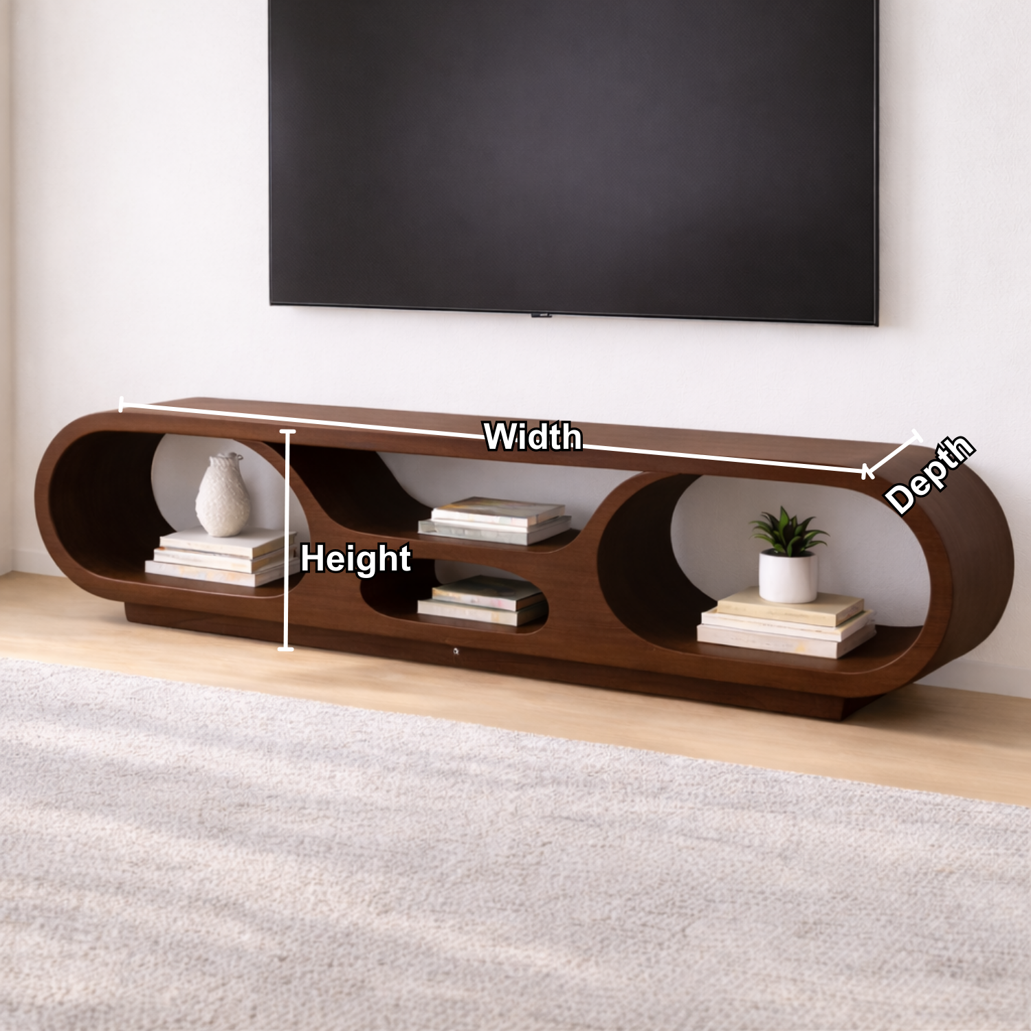 Solid Wood TV Stand with Open Storage and Modern Curved Design