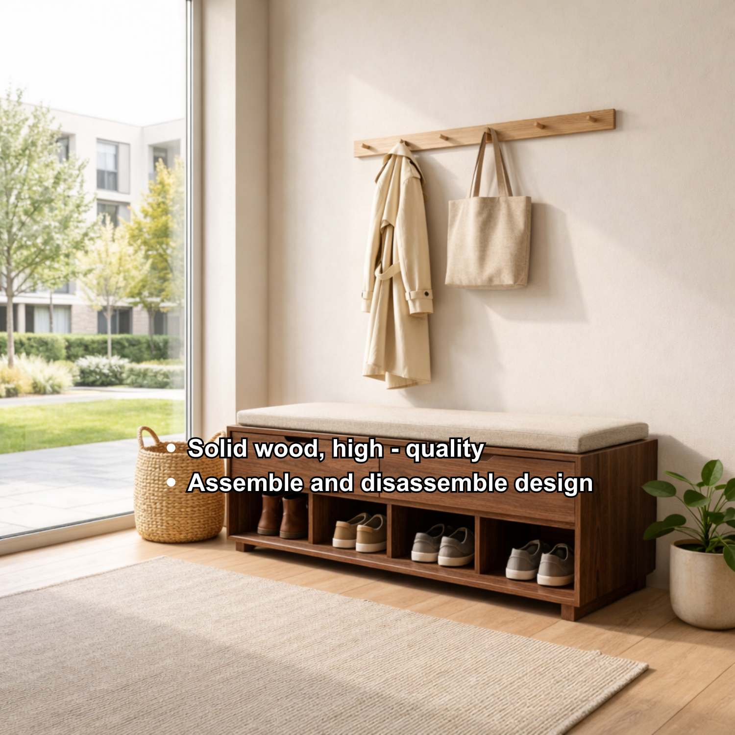 Solid Wood Shoe Storage Bench with Drawers & Open Shelves – Entryway Shoe Bench