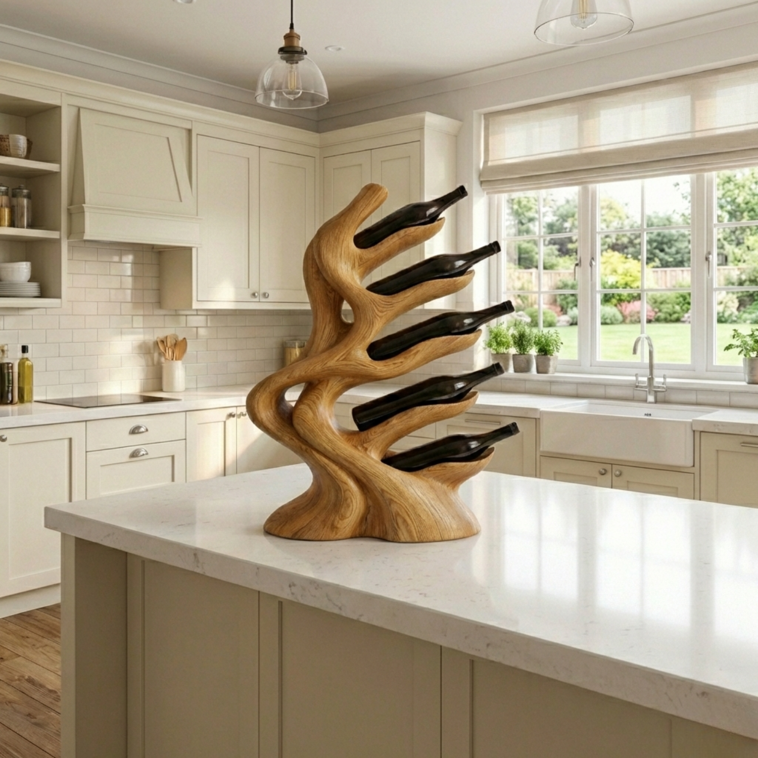 Handcrafted Solid Wood Wine Holder – Modern Sculptural Countertop Wine Rack